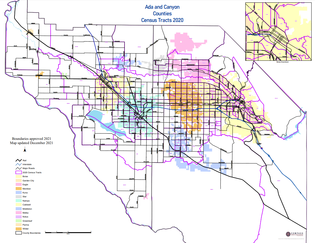 Map depicting Ada and Canyon Counties Census Tracts 2020