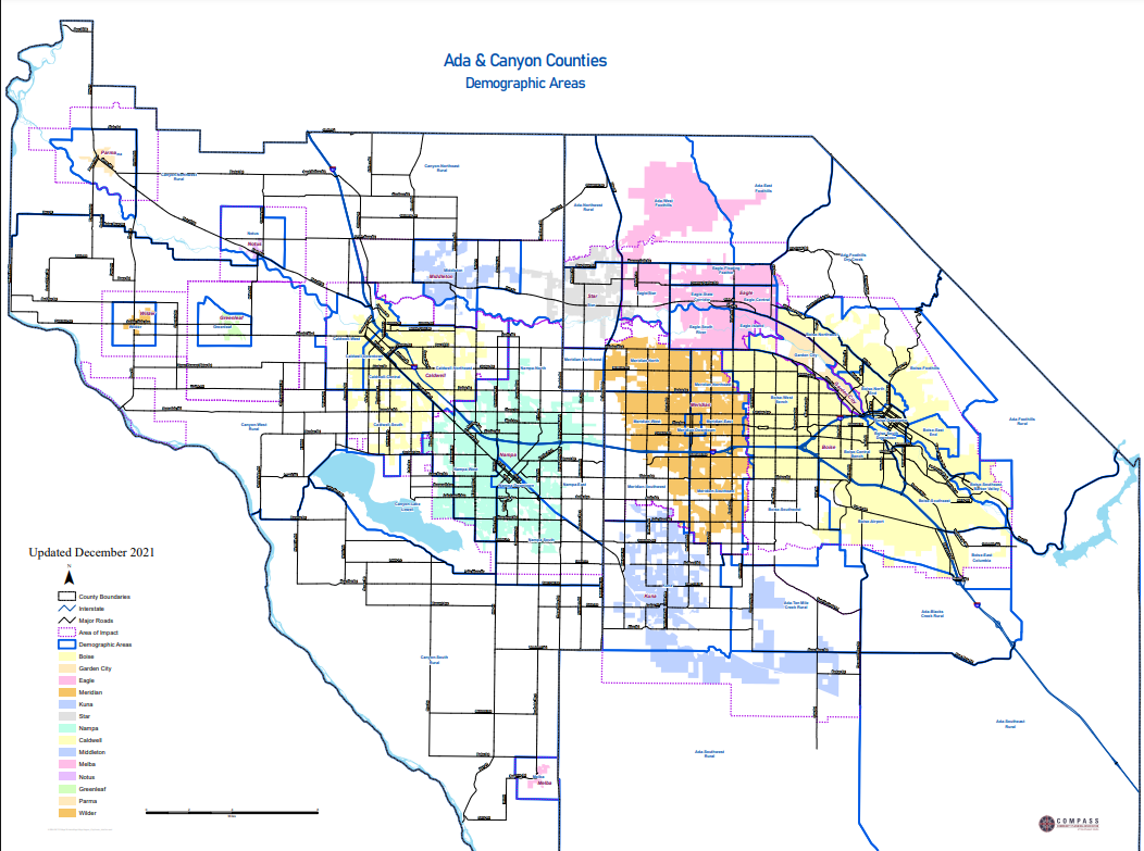 Map depicting Ada and Canyon Counties - Demographic areas
