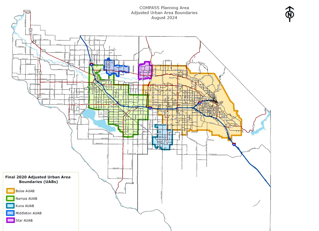 The Adjusted Urban Area Boundaries as of August 2024. This map shows the Boise AUAB, Nampa AUAB, Kuna AUAB, Middleton AUAB, and Star AUAB.