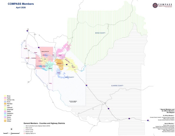 Map of COMPASS member agencies as of April 2026, inlcuding Elmore, Boise, Ada, and Canyon Counties (PDF).