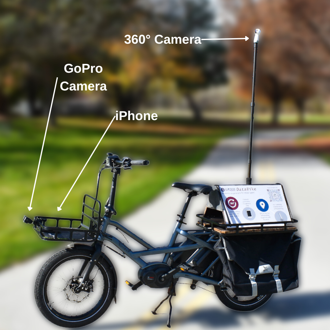 The COMPASS Data Bike with labeled parts. 360 degree camera, Iphone for capturing pavement conditions, and Gopro camera