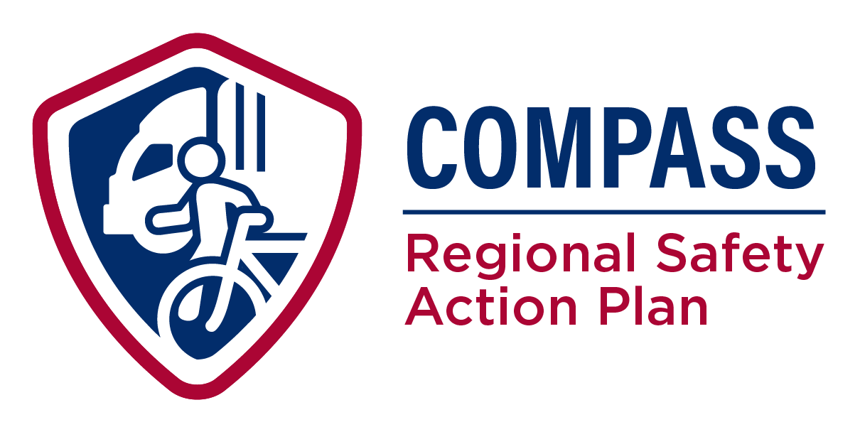COMPASS Regional Safety Action Plan Logo - Bike, Freight, Pedestrian symbols in shield shaped icon