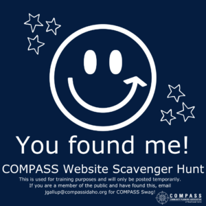 Smiley face with stars on a navy blue background. Text states "You found me!" COMPASS Website Scavenger Hunt