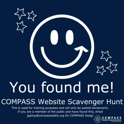Smiley face with stars on a navy blue background. Text states "You found me!" COMPASS Website Scavenger Hunt