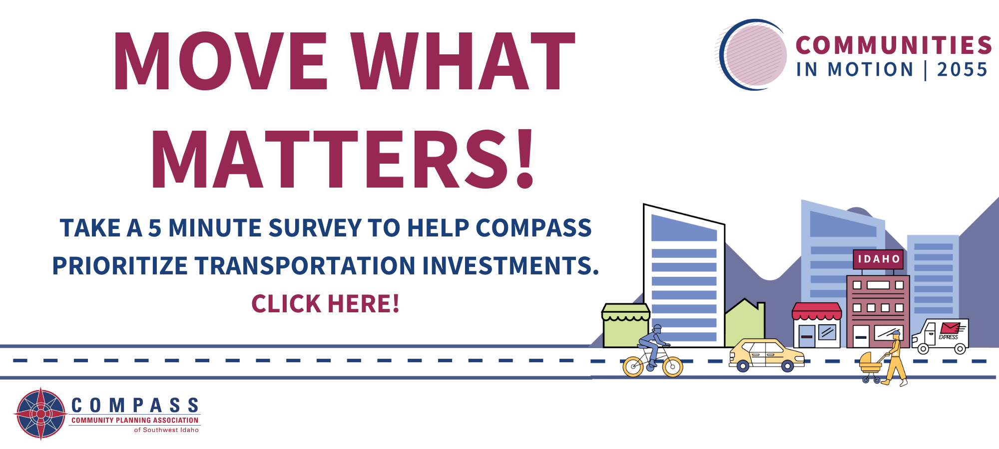 Move What Matters! Take a 5 minute Survey to help COMPASS prioritize transportation investments. (click on image to access the two question survey).